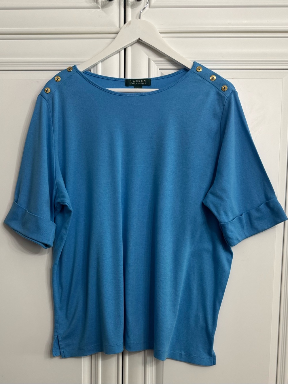 Lauren Ralph Lauren Sky Blue Short-Sleeve Top w/Gold Shoulder Buttons Size 2X